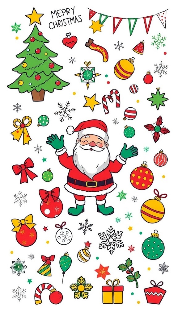 Christmas Doodles with Transparent Background A collection of colorful Christmas doodles including a tree, Santa, and snowflakes on a transparent background.